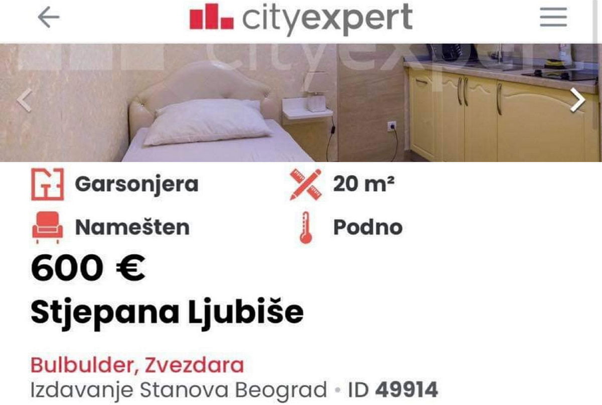 600 euró egy 20 négyzetméteres garzonlakás havi bérleti díja Belgrád Zvezdara városrészében