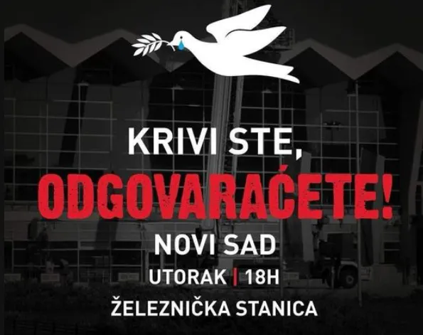 Bűnösök vagytok, felelni fogtok - ezzel a mottóval szerveződik a vasútállomás előtti tüntetés Újvidéken, amelyet kedden 18 órakor tartanak meg