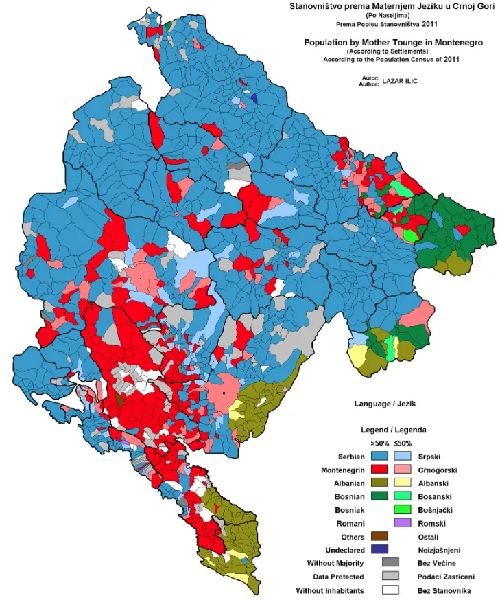 Montenegró nyelvhasználat szerint a 2011-es népszámlálás alapján