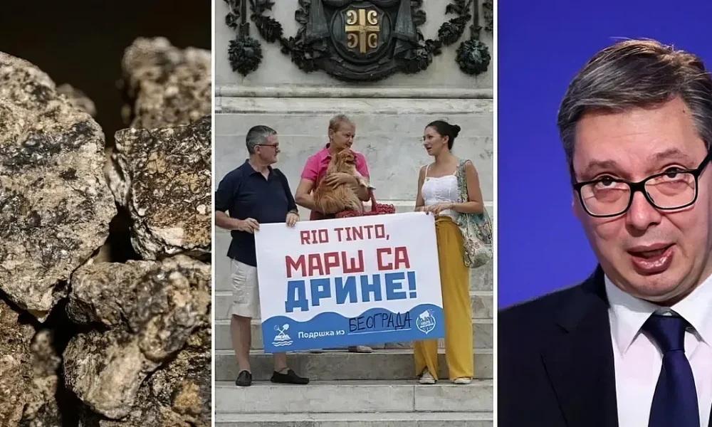 Egyelőre nem nyílt meg egy újabb front Szerbiában, de a lítium kiaknázás egy ketyegő bomba, amely bármikor berobbanhat. A transzparens felirata: Rio Tinto, mars el a Drinától