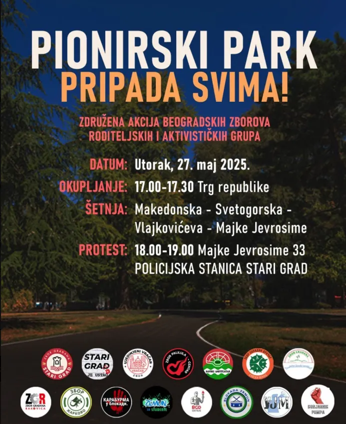 A Píonír park  természetvédelmi terület,  amely mindenkié, jelenleg  azonban a bűnözés, az írástudatlanság és a félszívűség  színhelye a  "Ćacilend" által - olvasható a május 27-i tüntetésre felszólító meghívóban, amelyet a polgári gyűlések terjesztenek az interneten