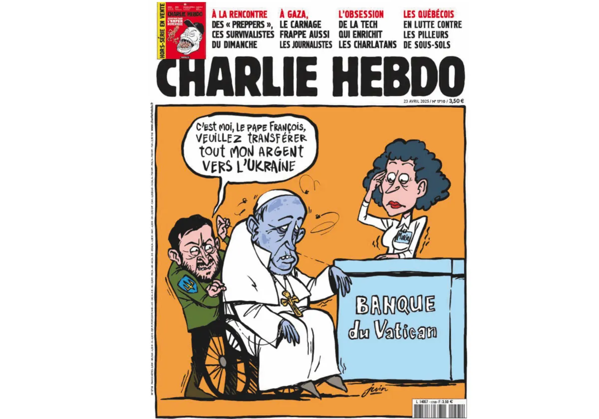 „Én vagyok Ferenc pápa, kérem, utalják át minden pénzemet Ukrajnába.” A karikatúra célja nyilvánvalóan az, hogy szatirikusan túlzó módon kritizálja az Ukrajnának nyújtott nemzetközi pénzügyi támogatásokat, miközben Zelenszkijt manipulatív figuraként ábrázolja. A Charlie Hebdo közleménye szerint azonban ez is egyike a hamisított címlapoknak