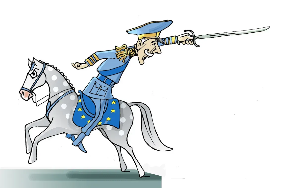 A lovát fordítva megülő Európai Unió (Léphaft Pál karikatúrája)