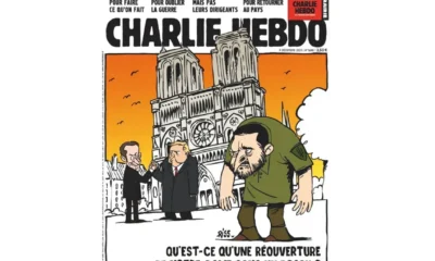 „Milyen is lenne a Notre-Dame újranyitása a púpos nélkül?” (Az utalás Victor Hugo A Notre-Dame-i toronyőr című regényének főszereplőjére, Quasimodóra vonatkozik, a képen Volodimir Zelenszkij van "karikírozva" púposként. A szóban forgó karikatúra hamisítvány, és nem a Charlie Hebdo magazin hivatalos kiadványa. A francia szatirikus lap megerősítette, hogy soha nem jelentetett meg ilyen borítót, és az említett szám teljesen más tartalommal jelent meg