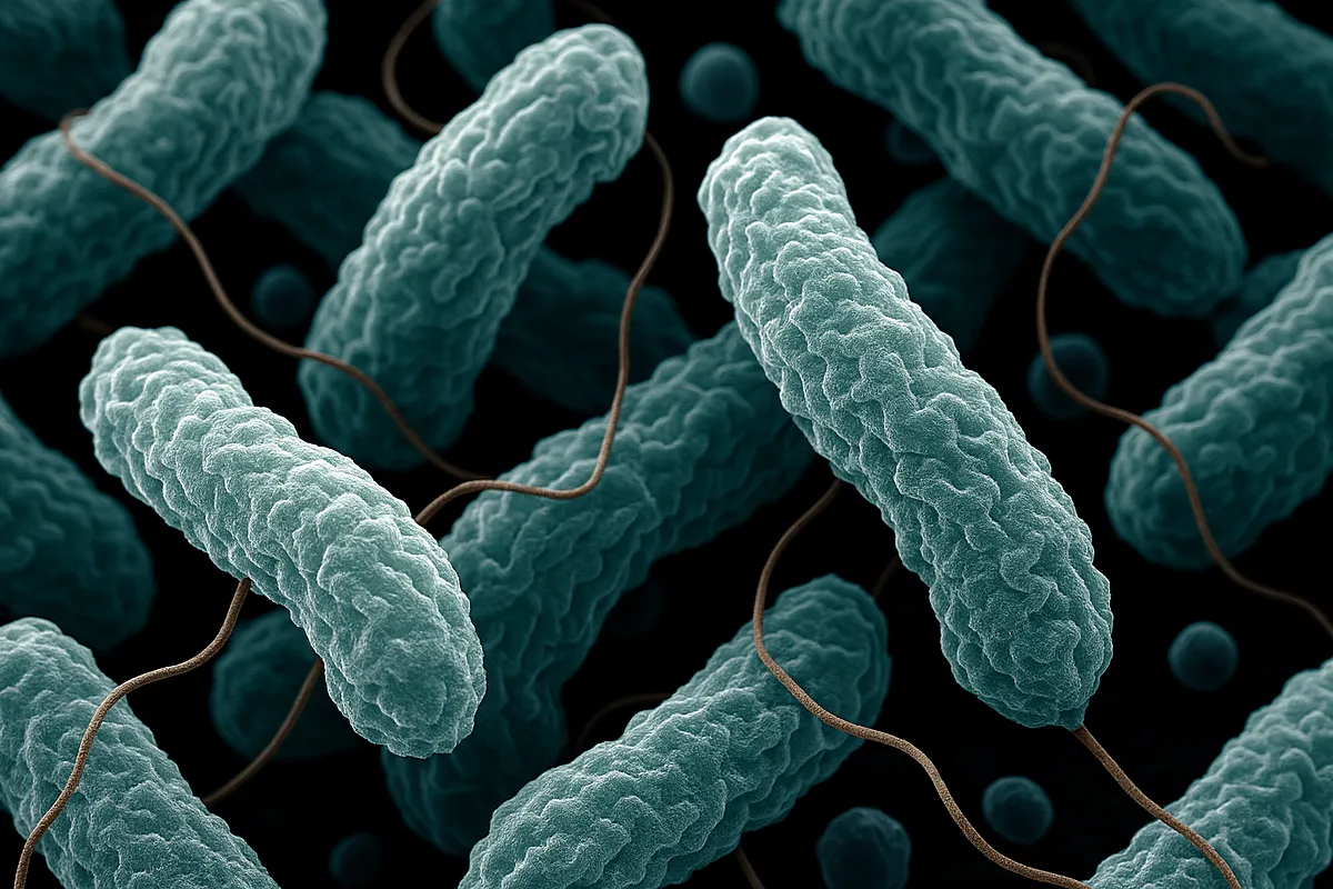 Ez a kép mikroszkópos felvétel a Campylobacter jejuni nevű baktériumról, amely gyakori kórokozó az élelmiszer-eredetű megbetegedésekben. A Campylobacter jejuni egy spirál alakú, mozgékony baktérium, amely főként szennyezett ételek (pl. nem megfelelően hőkezelt baromfi) vagy víz által jut az emberi szervezetbe
