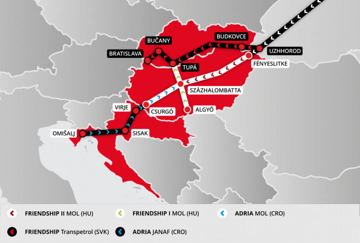 Az Adria és a Barátság kőolajvezetékek útvonalai