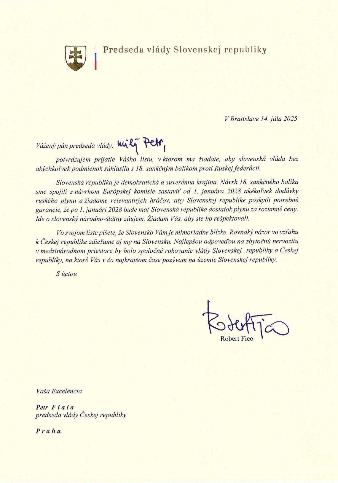 Fico levele a cseh kormányfőnek
