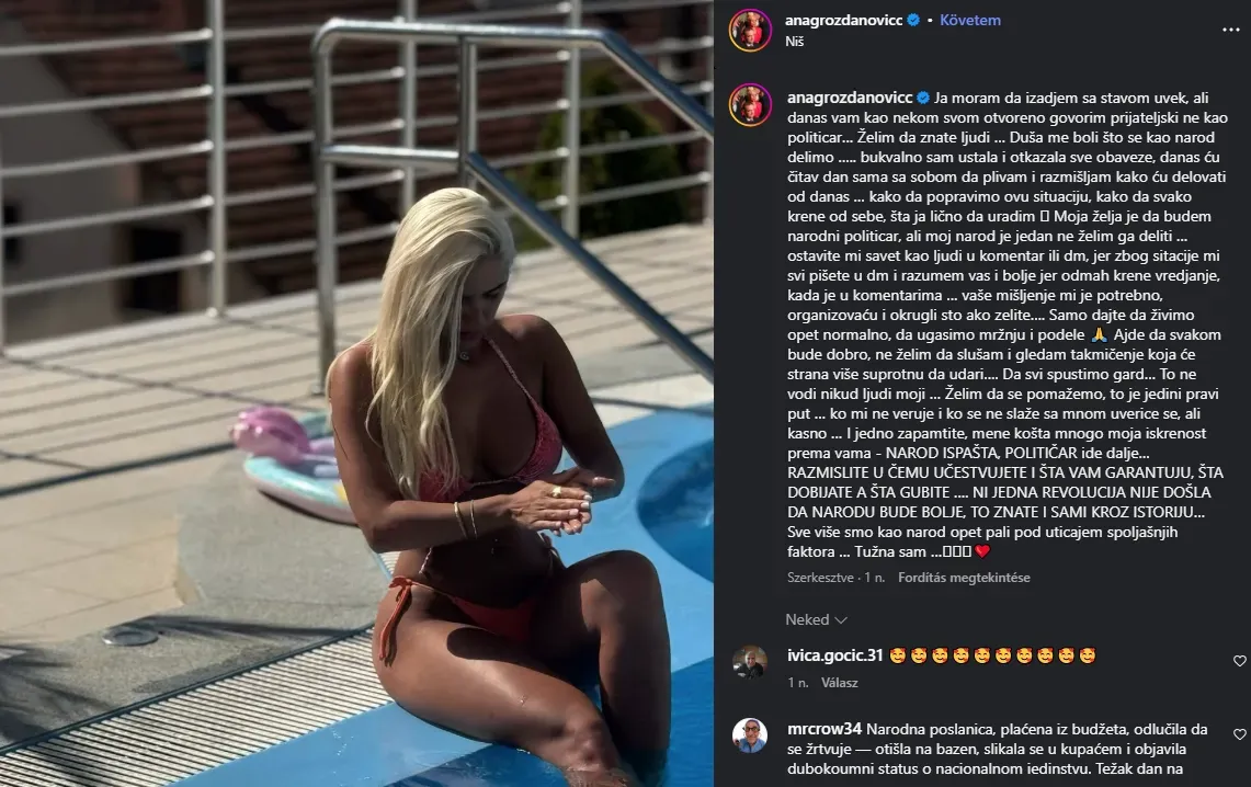 Pont és ellenpont 8 A költségvetésből fizetett képviselőnő áldozatot hozott – a medence szélén fürdőruhában fotózkodott, és "mélyenszántó nyilatkozatot" tett közzé a nemzeti egységről az Instagramon, éppen aznap, amikor Dodik és Vucic Karllócán áztatta magát