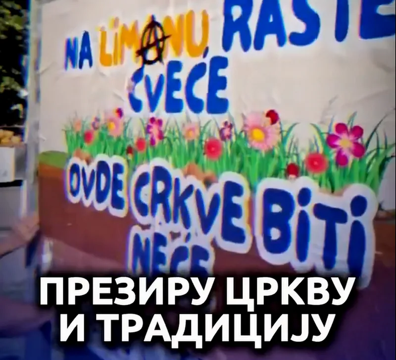 A Limanon virág nő, itt templom nem lesz - hirdeti a polgárok által kiragasztott plakáton olvasható versike, amit Vucevic úgy magyaráz, hogy a blokadőrök "megvetik az egyházat és a hagyományokat"