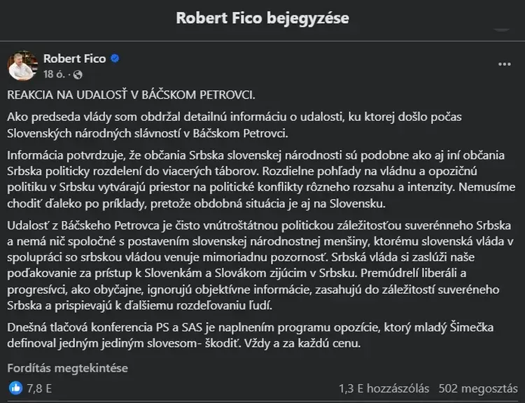 Robert Fico bejegyzése