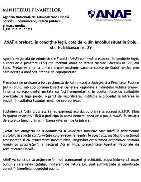 Kipenderítették a házából a volt államfőt - félig 3 Az Országos Adóhatóság (ANAF) megerősítette, hogy törvényes feltételek mellett átvette a fél (½) tulajdoni hányadot a Nicolae Bălcescu utca 29 szám alatt található ingatlanban, Nagyszebenben. Az átvétel az államra átszállt örökösödés nyomán történt, amelynek következtében a román állam közös tulajdonosi jogot szerzett az ingatlanban
