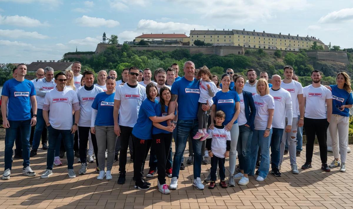 Meztelenre vetkőztették Horgosnál Miša Bačulovot és feleségét 4 A Budi heroj egyesület tagjai, háttérben a péterváradi vár