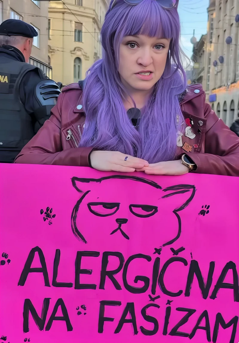Antifasiszta tüntetések Horvátországban 3 Ez a "lila nő" és rózsaszín macskája allergiás a fasizmusra (Forrás: X platform)