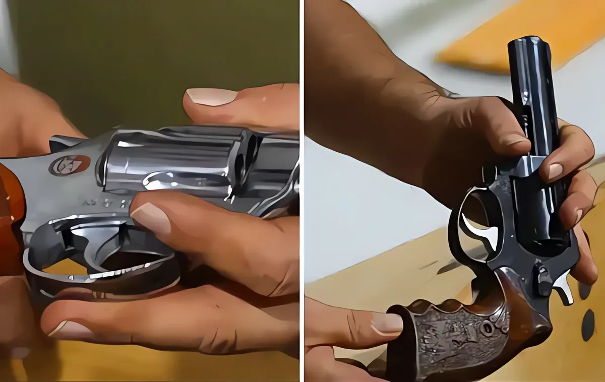 Amerikába kerültek a Szerbiában begyűjtött revolverek 3 Az egyik revolver markolatán Szerbia, a másikén pedig a Crvena Zvezda címere látható