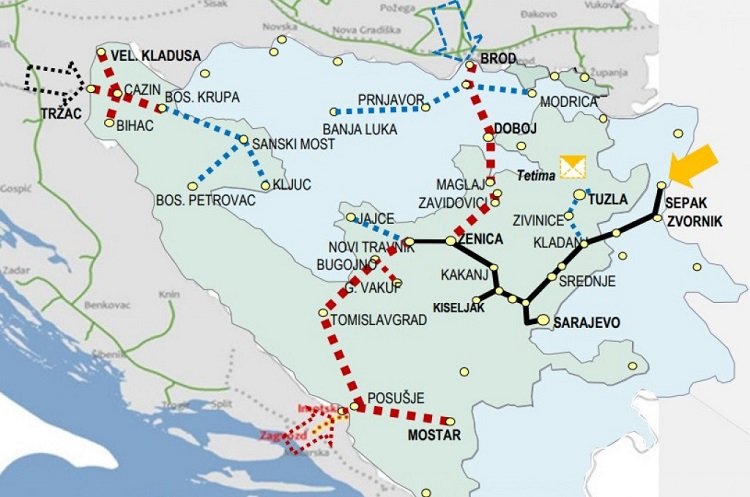 A horvátok nem szállítanak orosz olajat Magyarországnak 6 A piros szín a Déli Gázösszeköttetés útvonalát jelzi, a sárga nyíl az orosz gáz Szerbia felőli belépési pontja (Forrás: Istraga.ba)