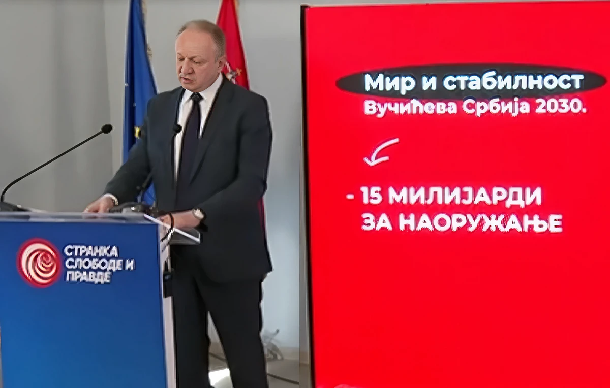 Dagan Đilas vizuálisan is megjeleníttette, hogy a szerb elnök 2030-ig 15 milliárd dollárért akar fegyvereket venni