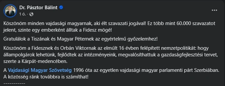 A horvát miniszterelnök gratulált Magyar Péternek, Pásztor kicsit pálfordult 2 A VMSZ elnökének a bejegyzése a Facebookon