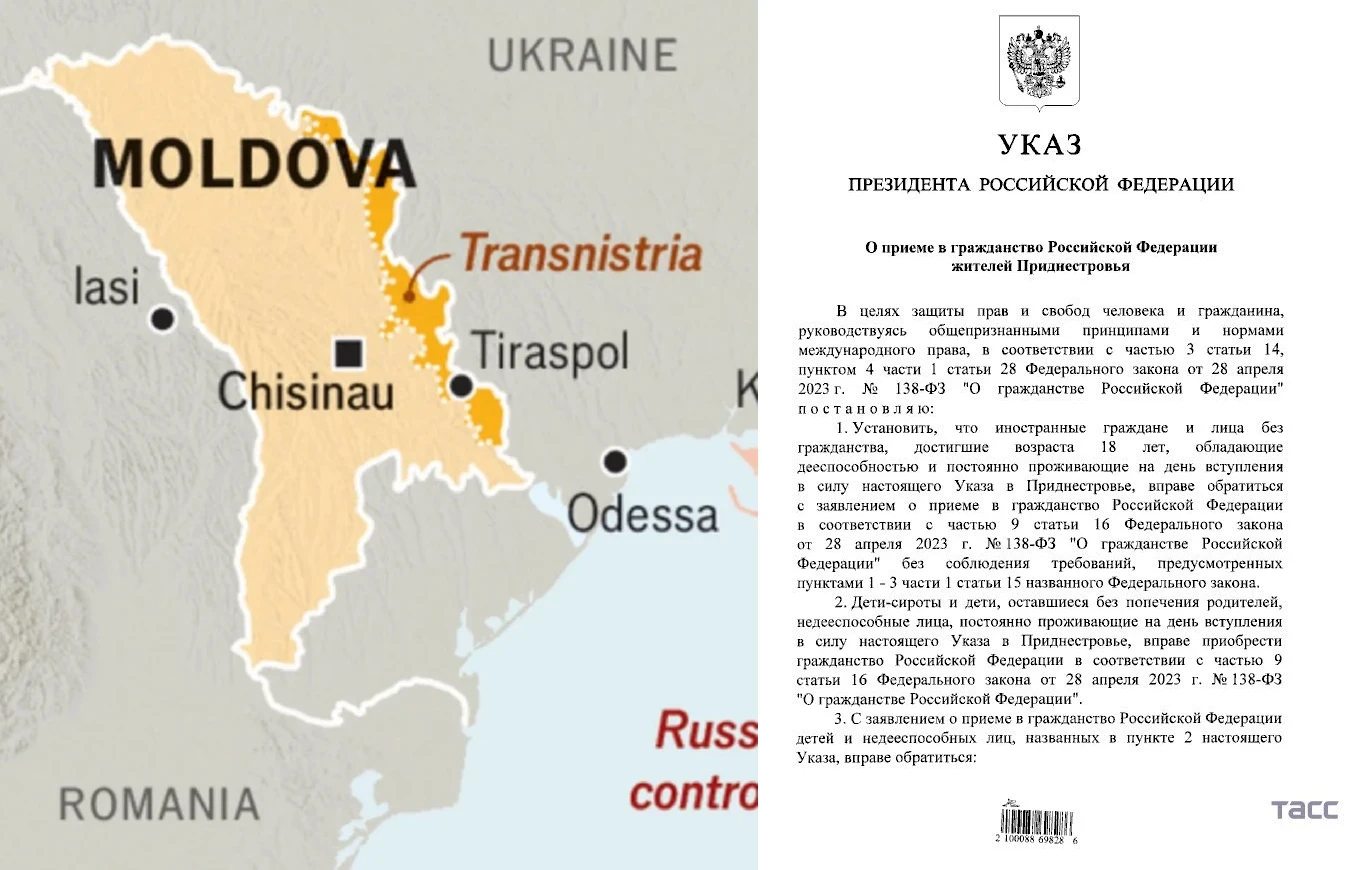 A Nyugat-Balkán a bányabéka segge alatt van Európában 2 Rendeletben könnyítette meg Vlagyimir Putyin elnök a Moldova Dnyeszter menti régiójában élőknek az orosz állampolgárság felvételét. A rendelet első két pontjának a szövege: A Dnyeszter Menti Köztársaság lakosainak orosz állampolgárságba történő felvételéről
Az emberi és állampolgári jogok és szabadságok védelme érdekében, az általánosan elismert nemzetközi jogi elvek és normák alapján, az Orosz Föderáció állampolgárságáról szóló, 2023. április 28-i 138-FZ számú szövetségi törvény 14. cikkének 3. része, valamint 16. cikkének 4. pontja szerint
elrendelem:
Megállapítom, hogy azok a külföldi állampolgárok és hontalan személyek, akik betöltötték 18. életévüket, cselekvőképesek, és a jelen rendelet hatálybalépésének napján állandó lakóhellyel rendelkeznek Transznyisztriában, jogosultak az Orosz Föderáció állampolgárságának megszerzésére irányuló kérelem benyújtására az Orosz Föderáció állampolgárságáról szóló 2023. április 28-i 138-FZ számú szövetségi törvény 16. cikkének 9. része alapján, anélkül, hogy teljesíteniük kellene az említett törvény 15. cikke 1. részének 1–3. pontjaiban meghatározott követelményeket.
Az árva gyermekek és a szülői felügyelet nélkül maradt gyermekek, valamint a cselekvőképtelen személyek, akik a jelen rendelet hatálybalépésének napján állandó lakóhellyel rendelkeznek Transznyisztriában, jogosultak az Orosz Föderáció állampolgárságának megszerzésére az Orosz Föderáció állampolgárságáról szóló 2023. április 28-i 138-FZ számú szövetségi törvény 16. cikkének 9. része alapján.