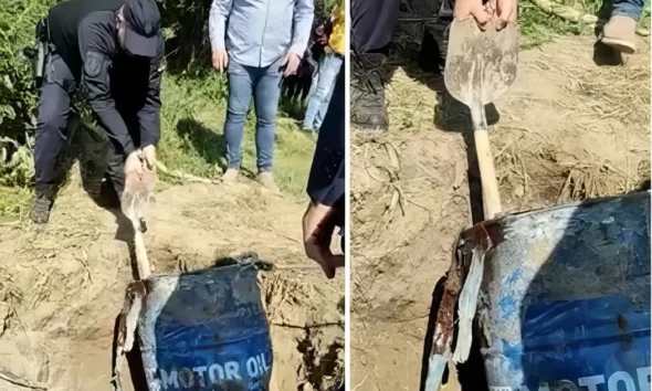 Egy holttestet rejtő hordót találtak az Inđija közelében lévő Jarkovačko tó partján. a szerb rendőrnek még a lapát is fordítva áll a kezében