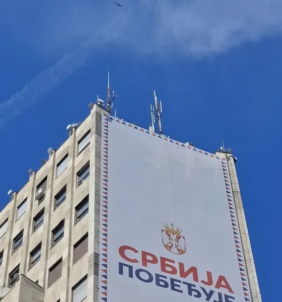 Egy havasi sarlósfecske köröz a belgrádi Albanija-palota felett, szeretne a fészkéhez hozzáférni