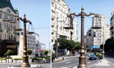 A mérleg két szögből, az első képen a háttérben a Terazije-kút, a másikon az Albanija palota