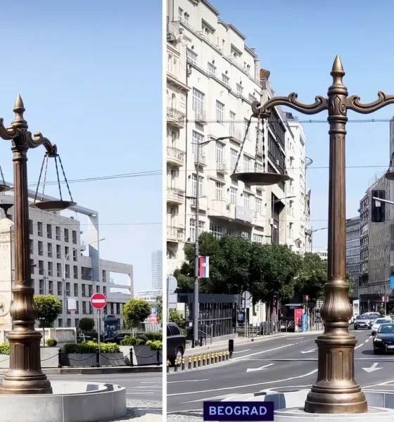 A mérleg két szögből, az első képen a háttérben a Terazije-kút, a másikon az Albanija palota