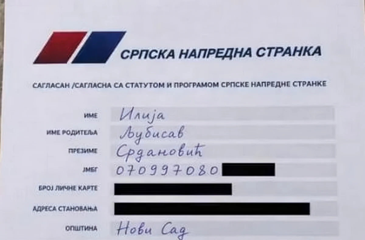 Szerbiai választások: Ilija Srdanovićra máris rászállt a propagandagépezet 5 A hamisított belépési nyilatkozat a Szerb Haladó Pártba. A képet @strong6243 álnévvel tették fel a TikTokra annak bizonyítására, hogy az egyetemisták listavezetője miért nem áll ki tévévitára a szerb elnökkel, A bejegyzés szerint, attól fél, hogy kiderül az "igazság"