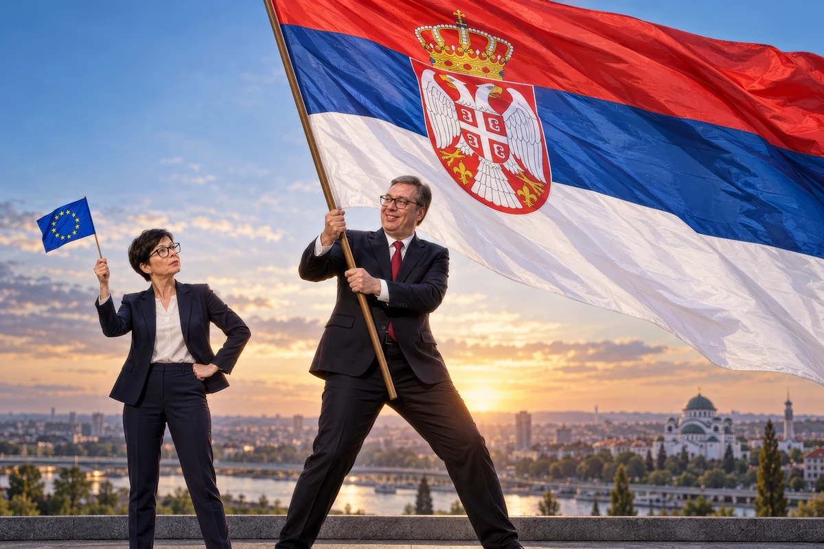 No, Marta! Kinek van nagyobb zászlaja? Aleksandar Vučić zászlóversenyre hívta ki Marta Kost, ami a mesterséges intelligencia figyelmét sem kerülte el, a jelek szerint azonban nem a zászló nagyságán múlik Szerbia EU-csatlakozása