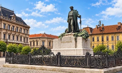 Kiss Ernő szobra a nagybecskereki történelmi főtéren. A kép egy korabeli fotó felhasználásával készült a mesterséges intelligencia segítségével, először feljavítva, majd utólag színezve